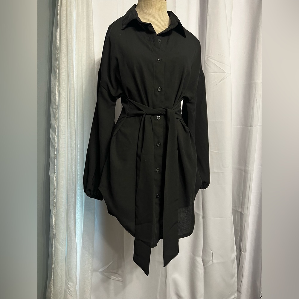 Women’s Girls Black Long Balloon Sleeve Waist Tie Buttoned Down Shirt Dress S/M